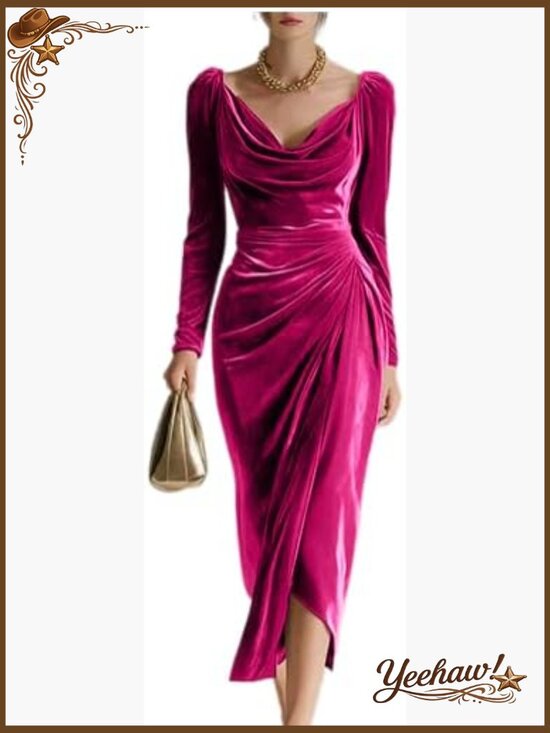 Dresses & Skirts - Velvet Cocktail Dress Cowl Neck Long Sleeve Midi Bodycon Ruched Slit